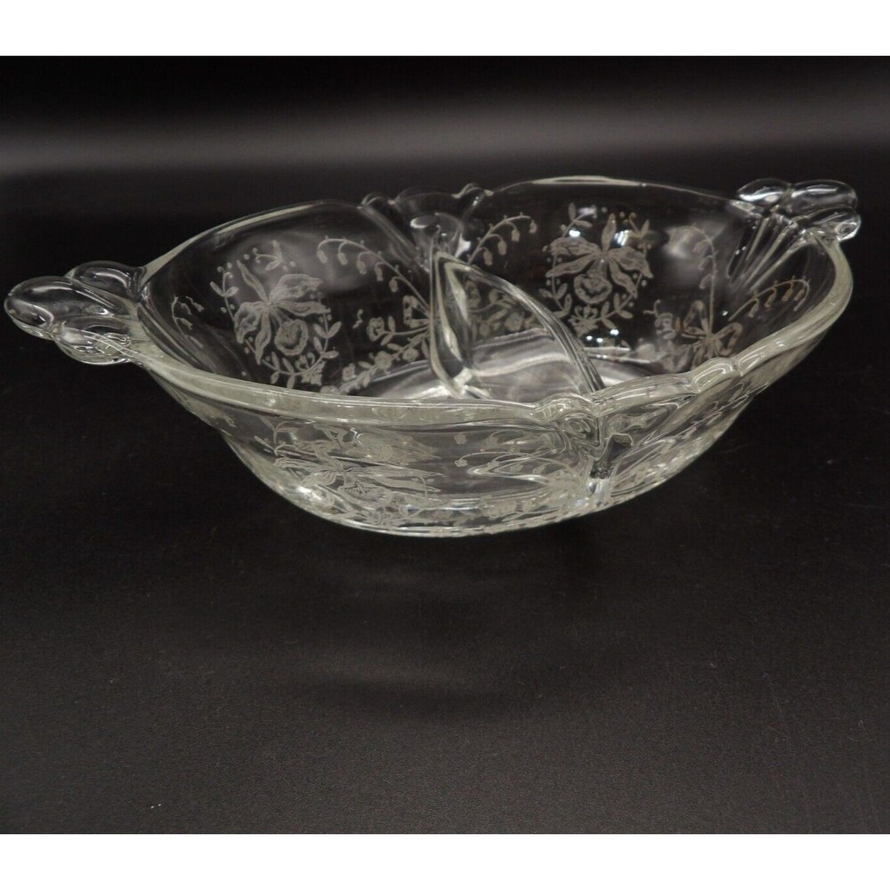 Heisey 8" Queen Ann Divided Oval Bowl Orchid Etch Vintage Elegant Glass